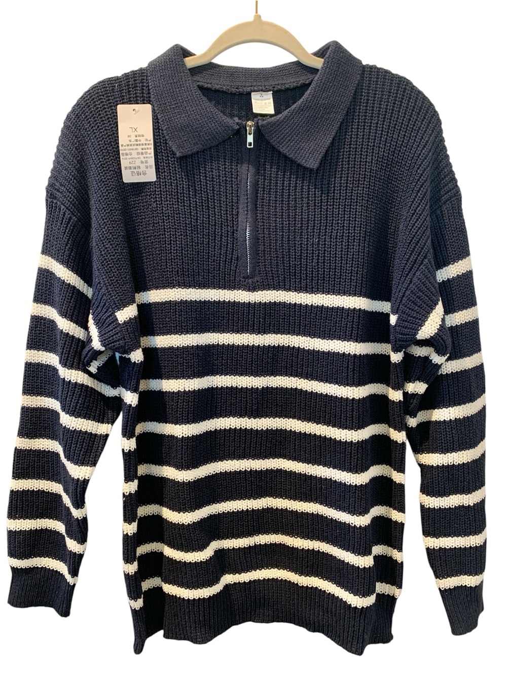 Women’s Navy Blue and White Striped Half-Zip Knit Sweater XL Cabincore Preppy